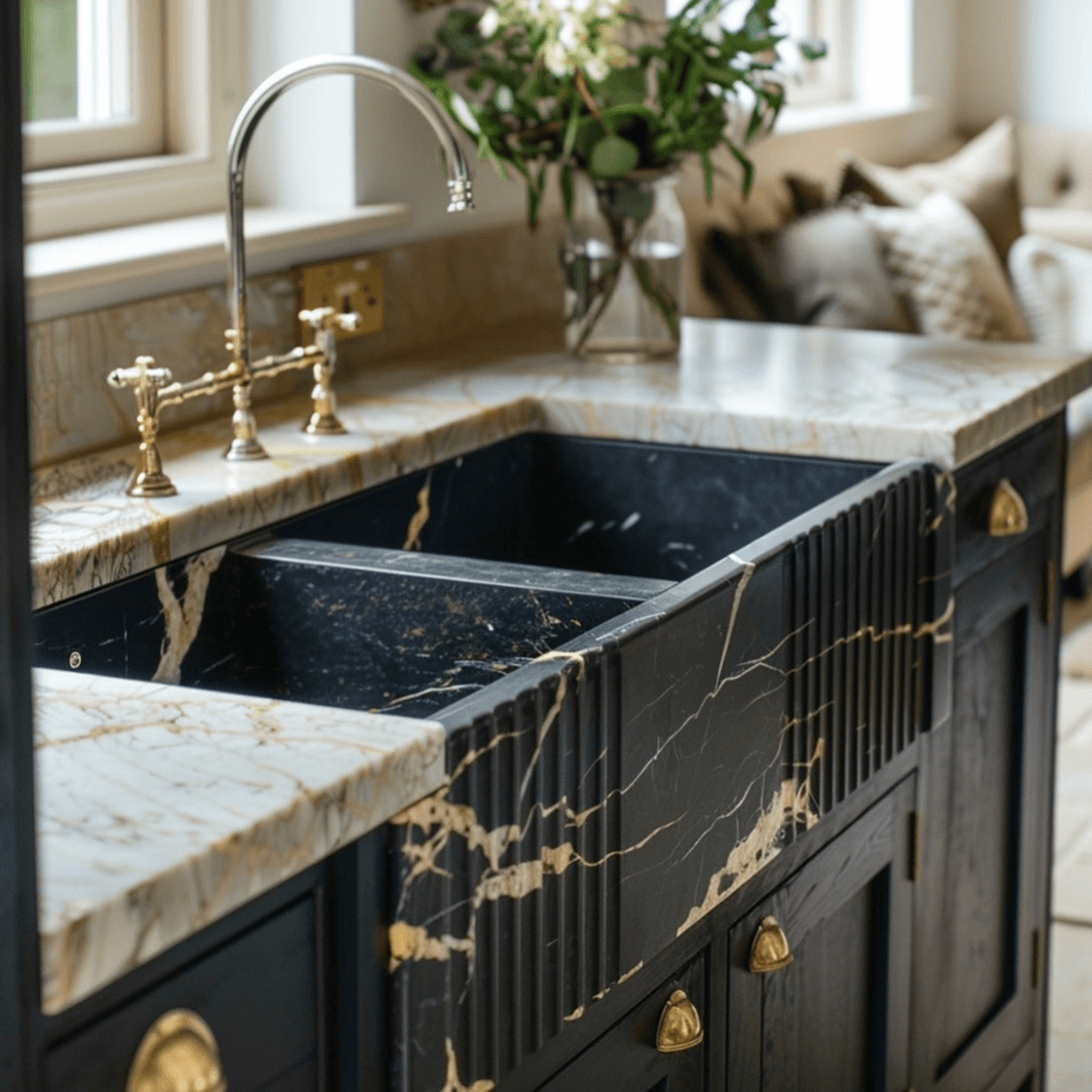 Kitchen with black fixtures and marble countertops