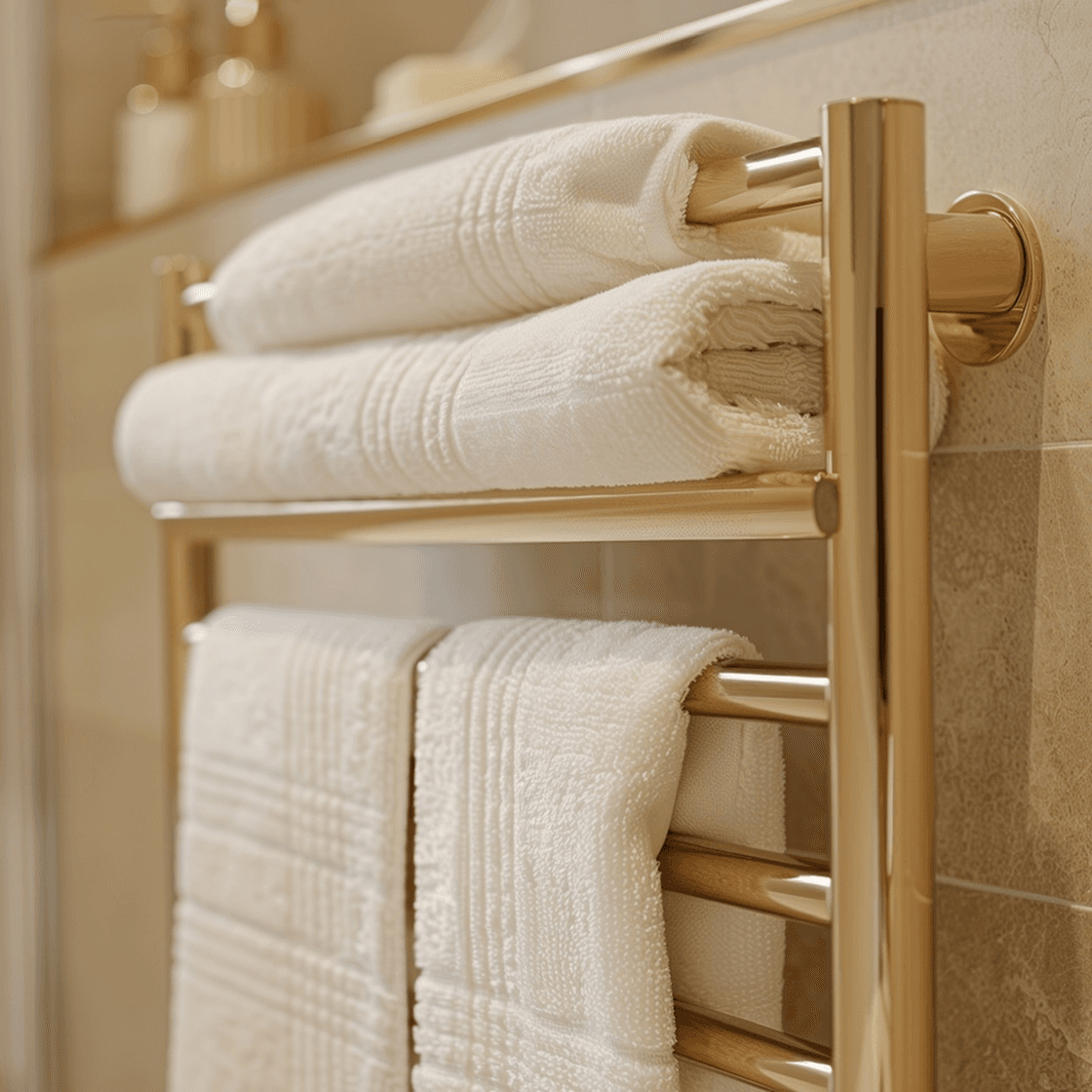 Bathroom towel rack with white towels