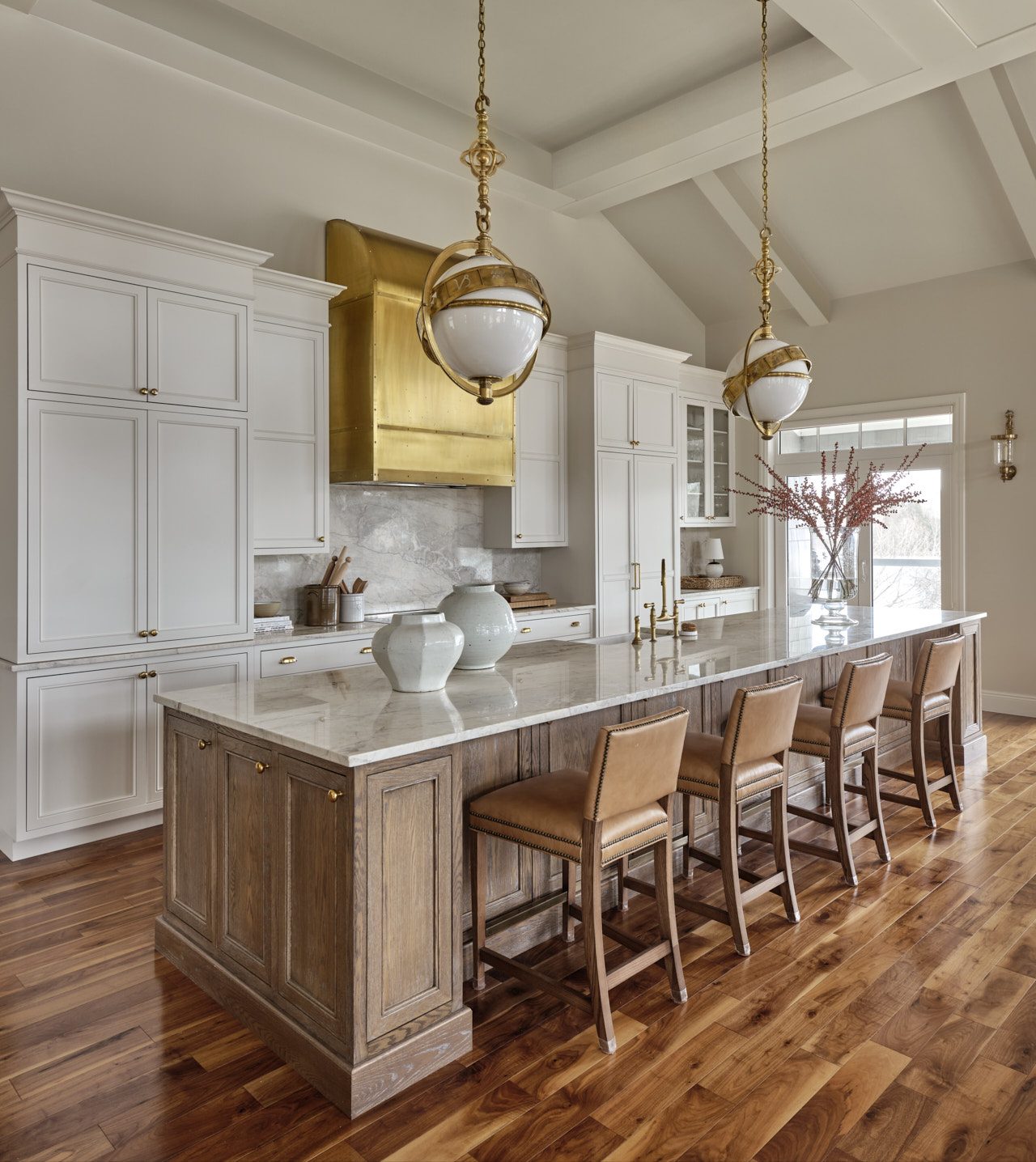 Glen Haven custom white painted kitchen cabinetry with stained white oak island by Hempston Home